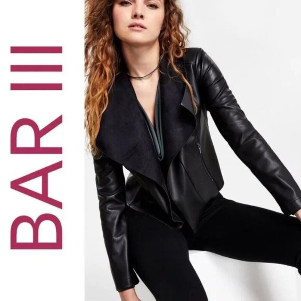 Bar III Women’s Black Open Front Vegan Leather Moto Jacket L